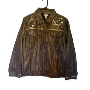 Chico Size 3 NWOT Dark Gray Embellished Southwest Detail Lined Jacket